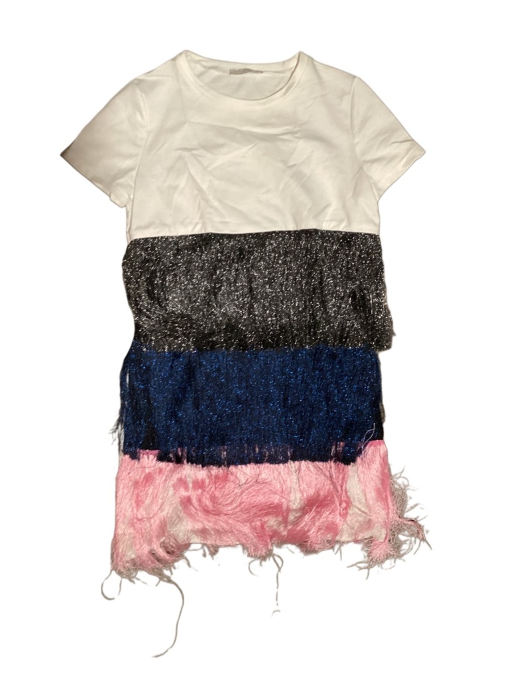 Zara Trafaluc White Tee Shift Dress with Black, Blue and Pink Fringe Panels